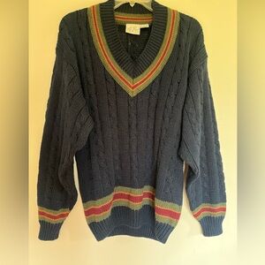 Men's Vintage New River Navy Cable-Knit V-Neck Sweater with Stripe Trim L